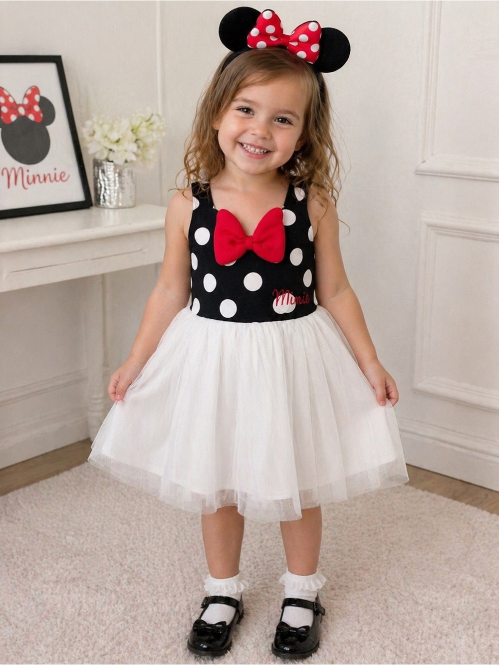 Disney Minnie Mouse Dress Toddler Girl 3T Polka Dot Tulle Skirt Bow Costume